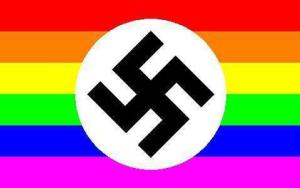 Una bandiera arcobaleno con la svastica, simbolo della Gaystapo